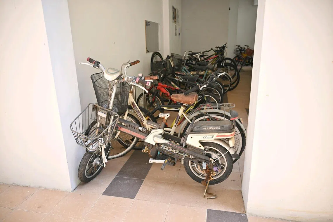 A PMB with its battery removed seen parked at the void deck of Block 489 Admiralty Link on Aug 19, 2024.