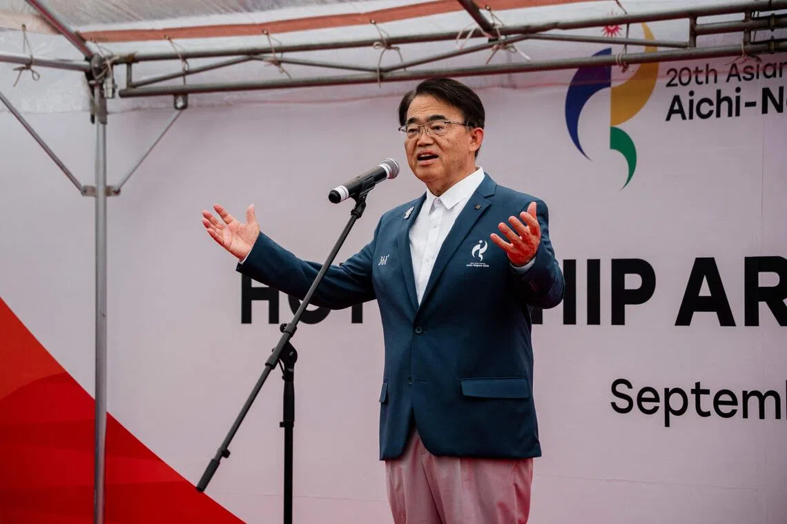 Aichi Prefecture Governor Hideaki Omura speaking during a ceremony marking the arrival of the Costa Serena cruise ship at the Port of Nagoya.