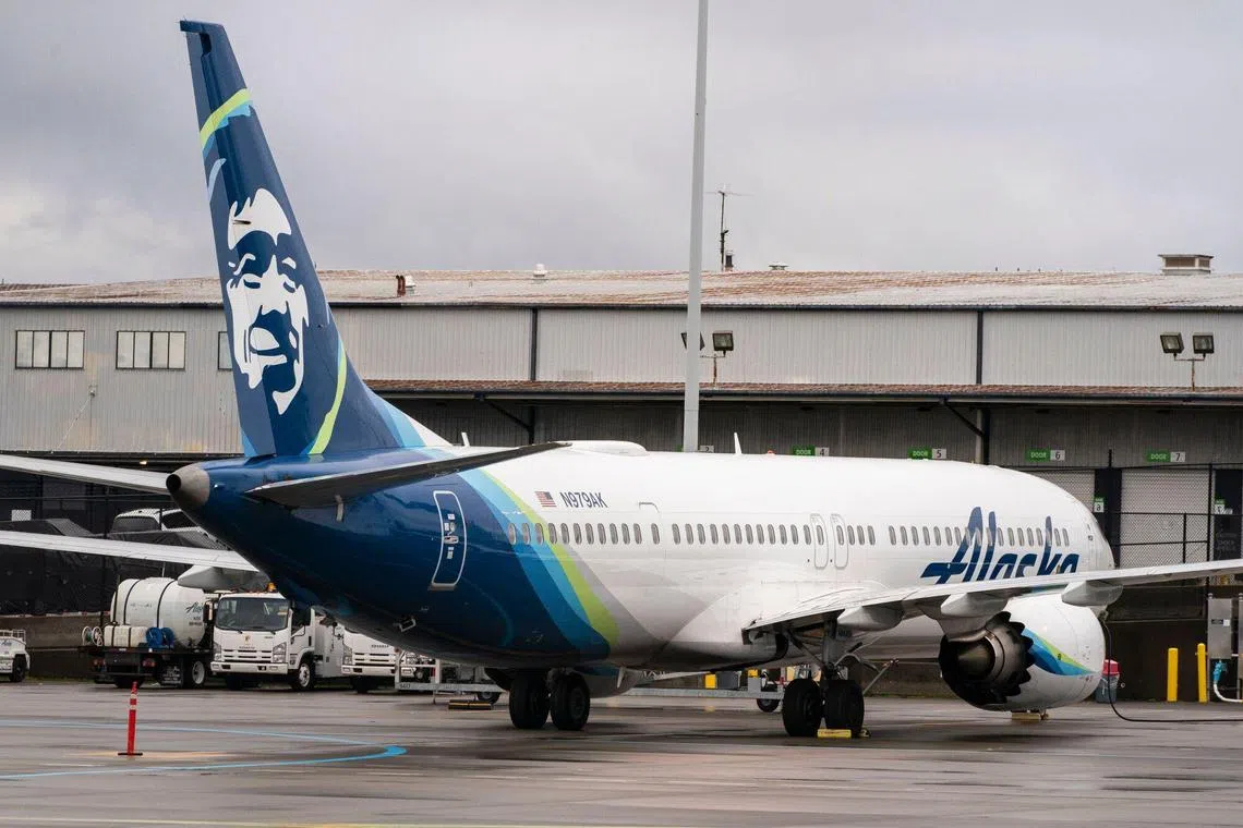 An Alaska Airlines Boeing 737 Max 9 aircraft grounded at Seattle-Tacoma International Airport on Jan 6/