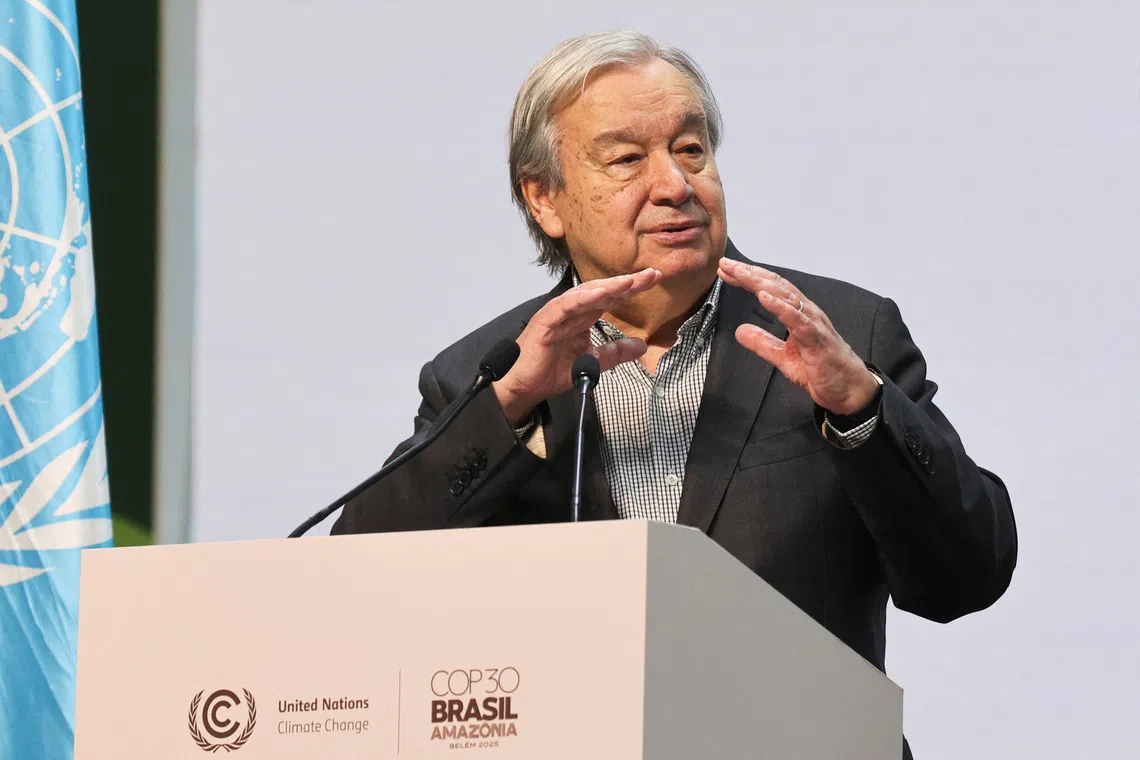 United Nations Secretary-General Antonio Guterres attends a press conference, during the UN Climate Change Conference (COP30), in Belem, Brazil, November 20, 2025. REUTERS/Anderson Coelho