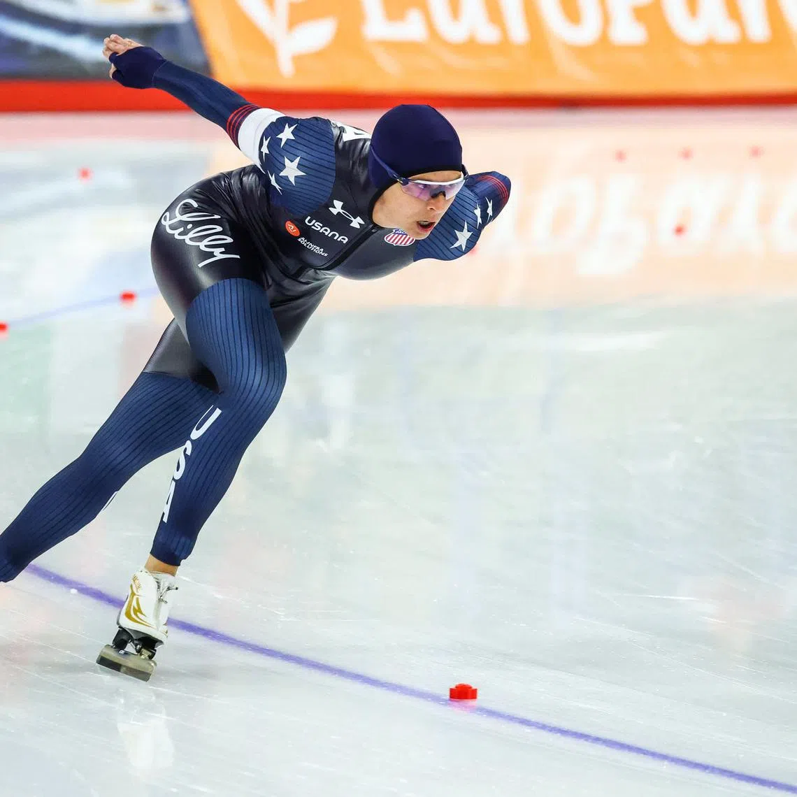 Nov 22, 2025; Calgary, Alberta, CANADA; Brittany Bowe of the USA competes in the women's 1500m during the ISU Speedskating World Cup at Calgary Olympic Oval. Mandatory Credit: Sergei Belski-Imagn Images