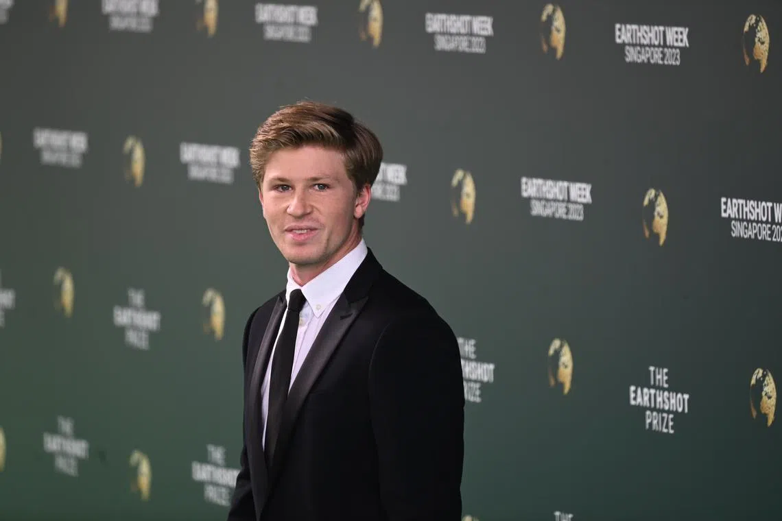 Wildlife conservationist Robert Irwin, the son of the late Steve Irwin, posing on the green carpet ahead of the Earthshot Prize Awards ceremony at Mediacorp Campus on Nov 7, 2023.