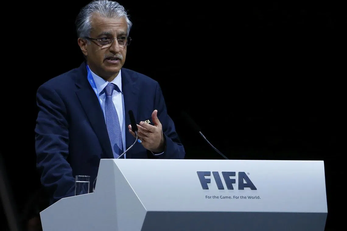 FILE PHOTO: FIFA presidential candidate Sheikh Salman Bin Ebrahim Al-Khalifa of Bahrain makes a speech during the Extraordinary FIFA Congress in Zurich, Switzerland  February 26, 2016.  REUTERS/Arnd Wiegmann/File Photo