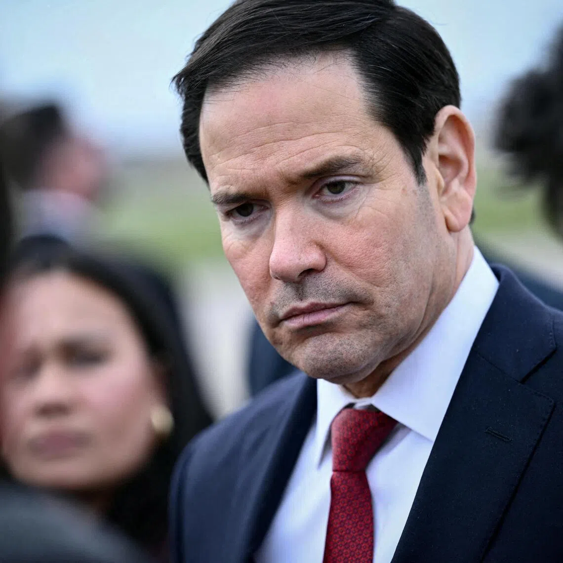 US Secretary of State Marco Rubio looks on as he speaks to the press before his departure following a G7 Foreign Ministers' meeting with Partner Countries before his departure at the Bourget airport in Le Bourget, outside Paris, France, March 27, 2026.   Brendan Smialowski/Pool via REUTERS