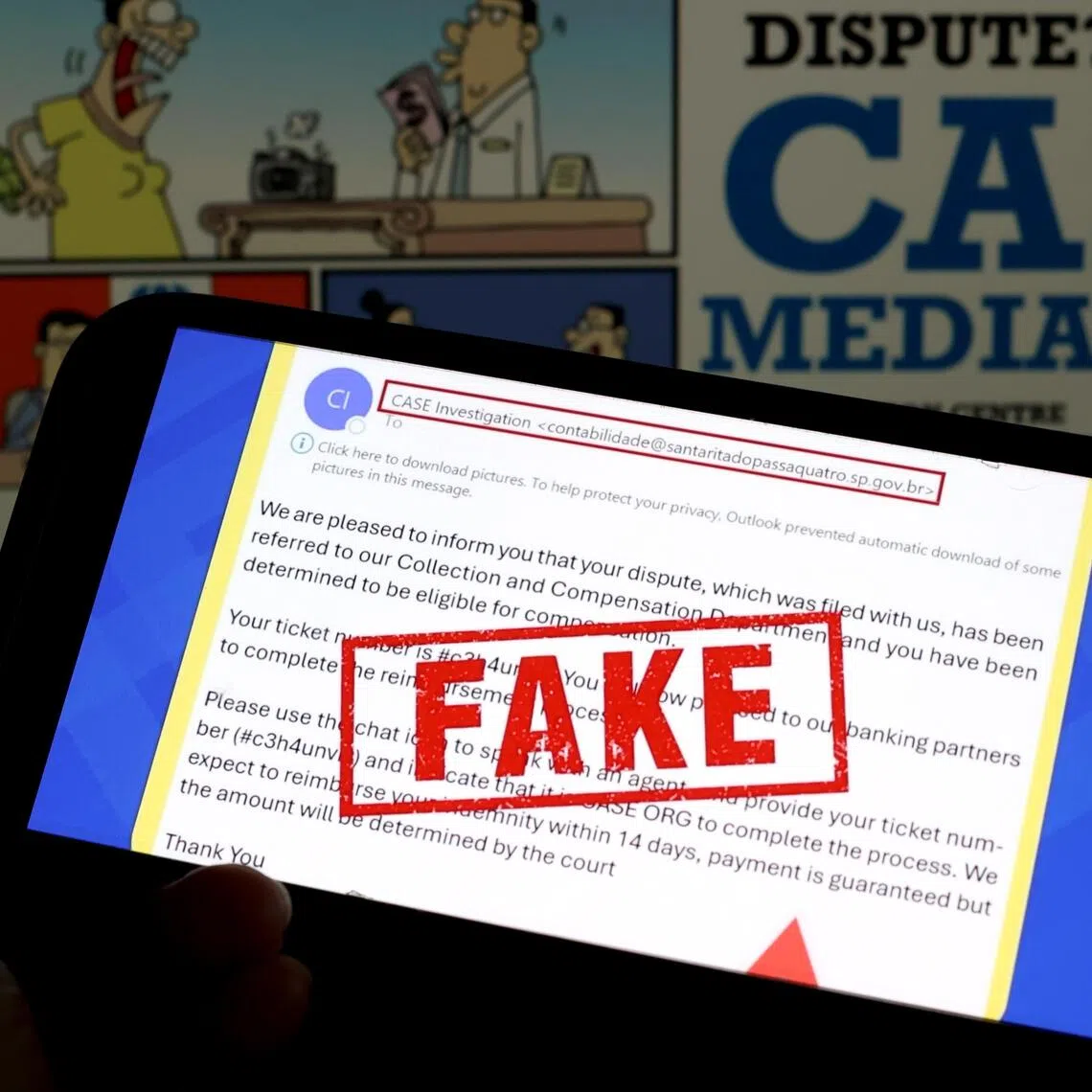 Recipients of phishing e-mails would be informed that they were eligible for compensation in a filed dispute with CASE.