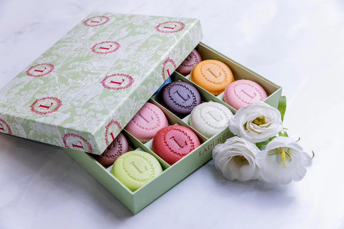 Laduree’s pastel-coloured Eugenie creations features layers of crisp biscuit and chocolate filling.