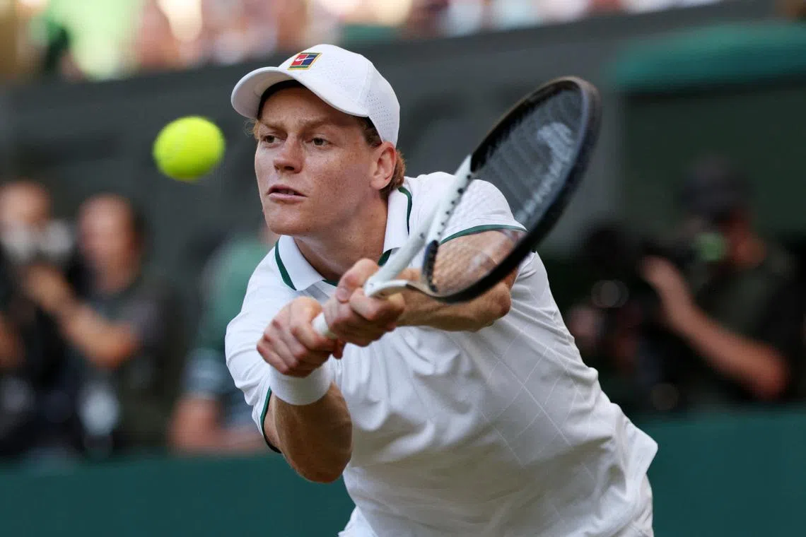 FILE PHOTO: Tennis - Wimbledon - All England Lawn Tennis and Croquet Club, London, Britain - July 12, 2026 Italy's Jannik Sinner in action during his final match against Germany's Alexander Zverev REUTERS/Marko Djurica/File Photo