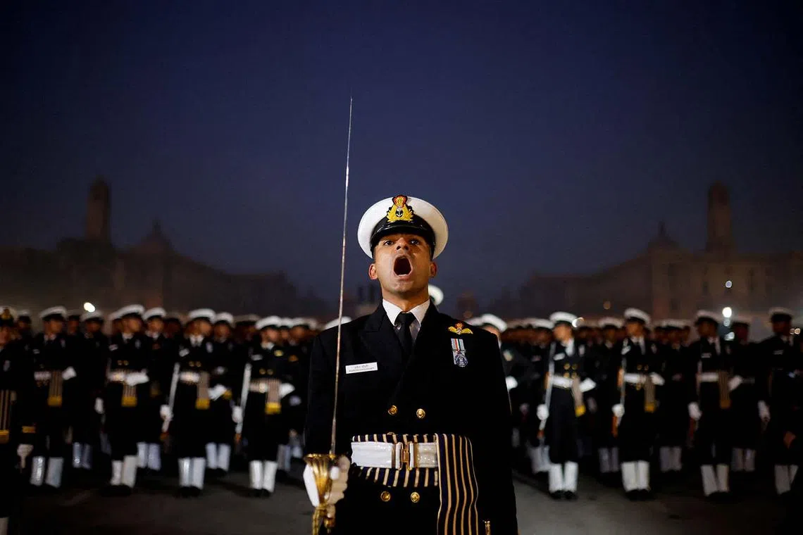 Indian soldiers marching during a rehearsal for the upcoming Republic Day parade in New Delhi, India, Jan 9, 2025. 