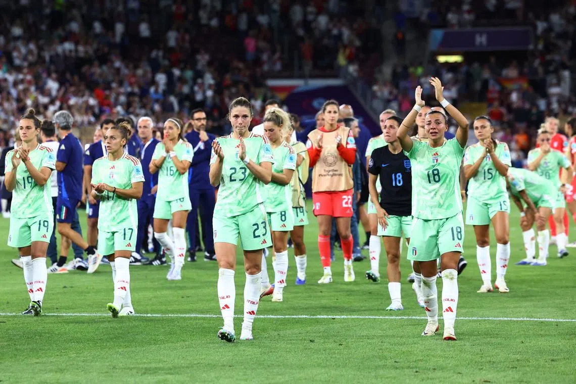 FILE PHOTO: Soccer Football - UEFA Women's Euro 2025 - Semi Final - England v Italy - Stade de Geneve, Lancy, Switzerland - July 22, 2025 Italy's Cecilia Salvai and Arianna Caruso look dejected after the match REUTERS/Bernadett Szabo/File Photo