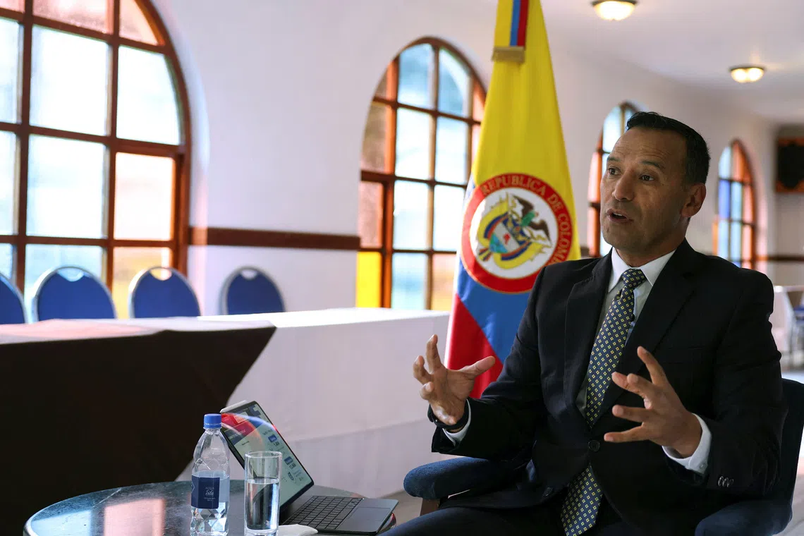 Colombian Minister of Defense, Pedro Arnulfo Sanchez, speaks during an interview with Reuters in Bogota, Colombia, November 19, 2025. REUTERS/Luisa Gonzalez