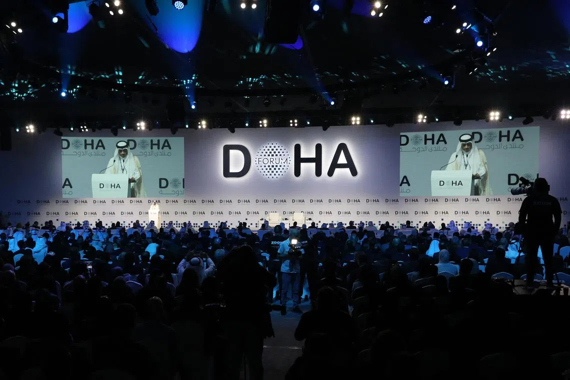 Qatar's Prime Minister Sheikh Mohammed bin Abdulrahman al-Thani addresses the opening session of the Doha Forum on Dec 10.