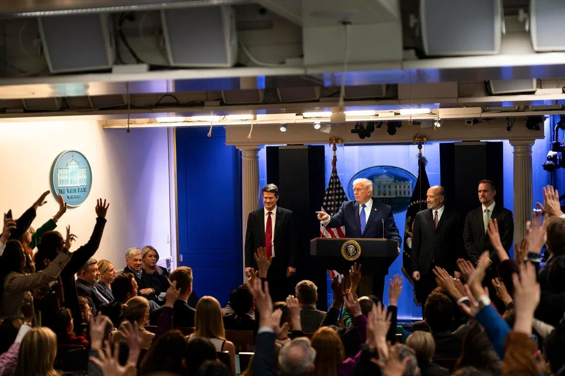 US President Donald Trump taking questions from reporters after a ruling by the Supreme Court on Feb 20, 2026. 