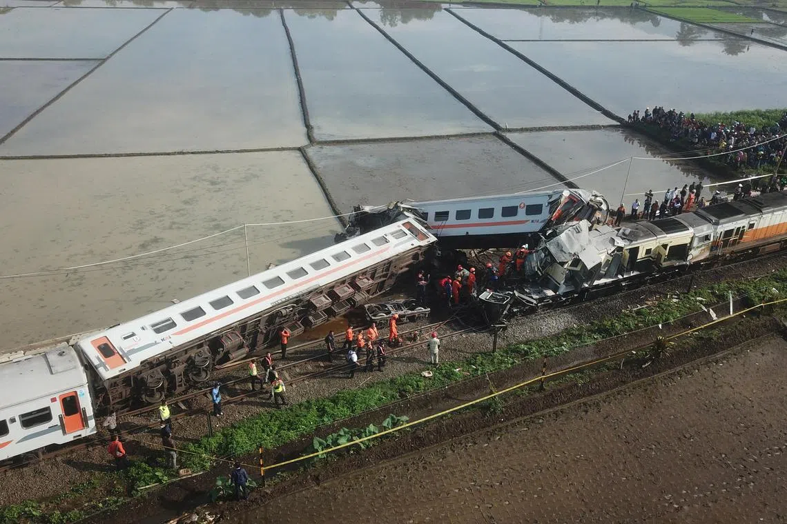 An aerial view show the Bandung Raya local train collided with the Turangga train in Cicalengka, Bandung, West Java province, Indonesia on Jan 5, 2024. 
