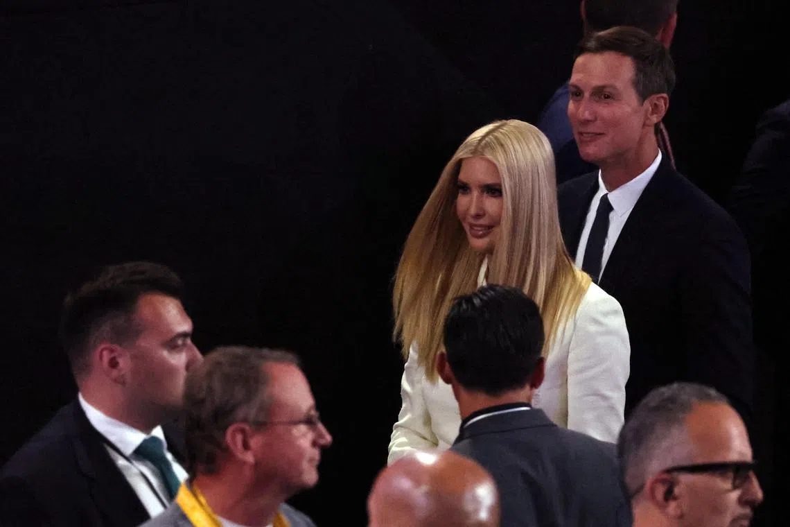 Jared Kushner and Ivanka Trump walk on Day 4 of the Republican National Convention (RNC), at the Fiserv Forum in Milwaukee, Wisconsin, U.S., July 18, 2024. REUTERS/Jeenah Moon