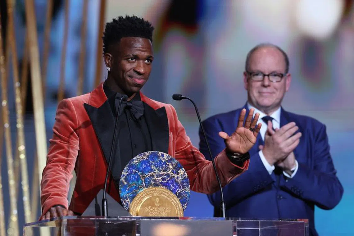 Soccer Football - 2023 Ballon d'Or - Chatelet Theatre, Paris, France - October 30, 2023 Real Madrid's Vinicius Junior after being awarded the Socrates Award by Prince Albert II of Monaco during the awards REUTERS/Stephanie Lecocq