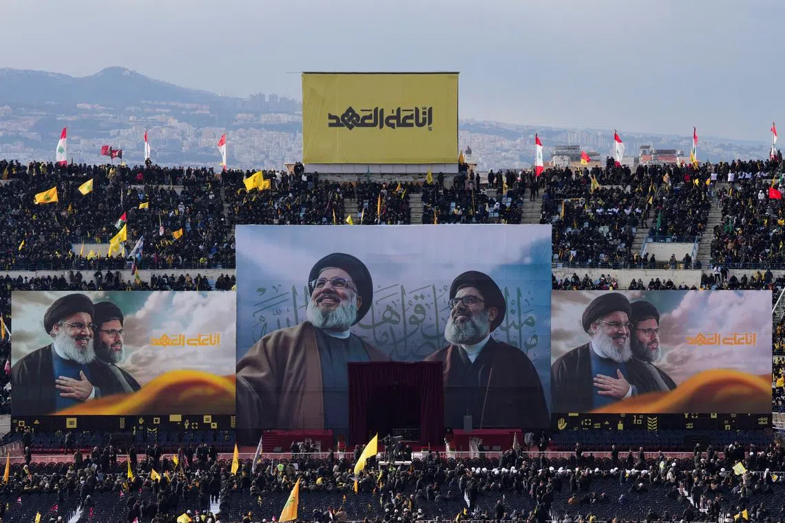 The public funeral ceremony of Hezbollah leaders Hassan Nasrallah and Hashem Safieddine on the outskirts of Beirut on Feb 23.