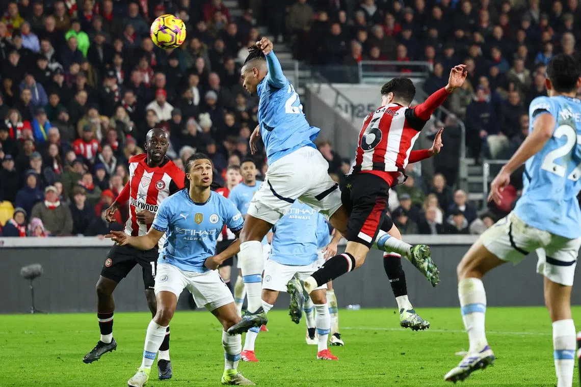 Brentford's Christian Norgaard scores their second goal to equalise with City.