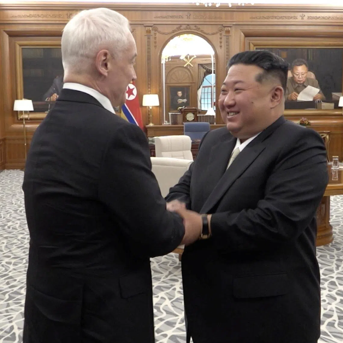 North Korean leader Kim Jong Un welcoming Russian Defence Minister Andrei Belousov during a meeting in Pyongyang on April 26. 