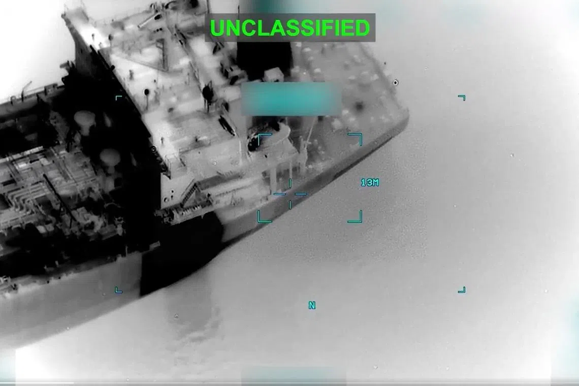 A screenshot from a video posted online that is said the show the US military's strike on the oil products tanker Settebello.