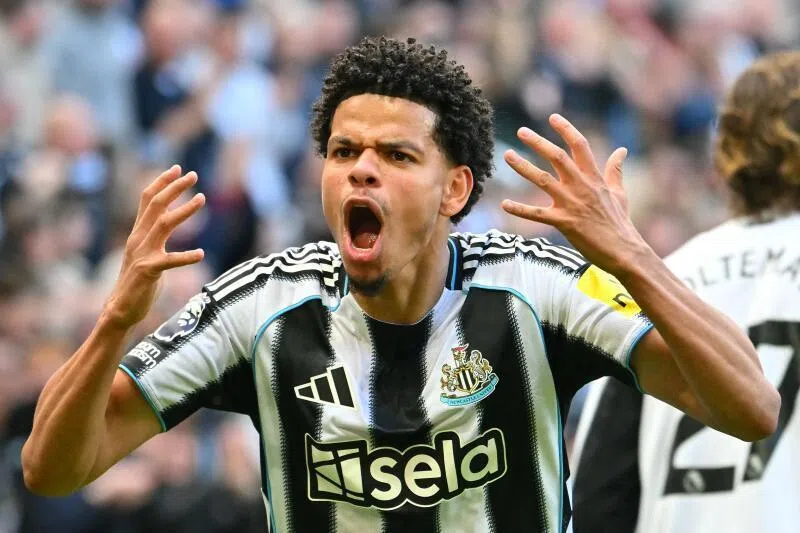 Newcastle United's Danish striker William Osula celebrates scoring the team's third goal over West Ham United at St James' Park in Newcastle-upon-Tyne, England on May 17.
