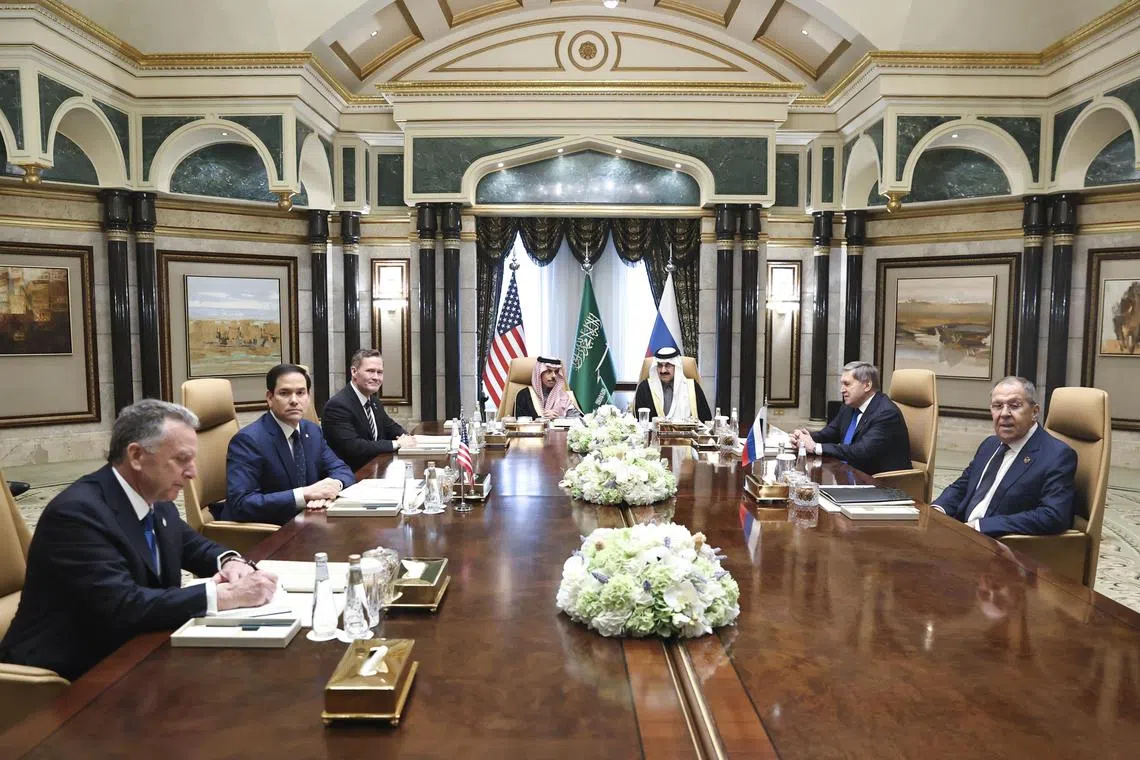 US Secretary of State Marco Rubio (second from left) meeting Russian and Saudi officials in Riyadh on Feb 18.