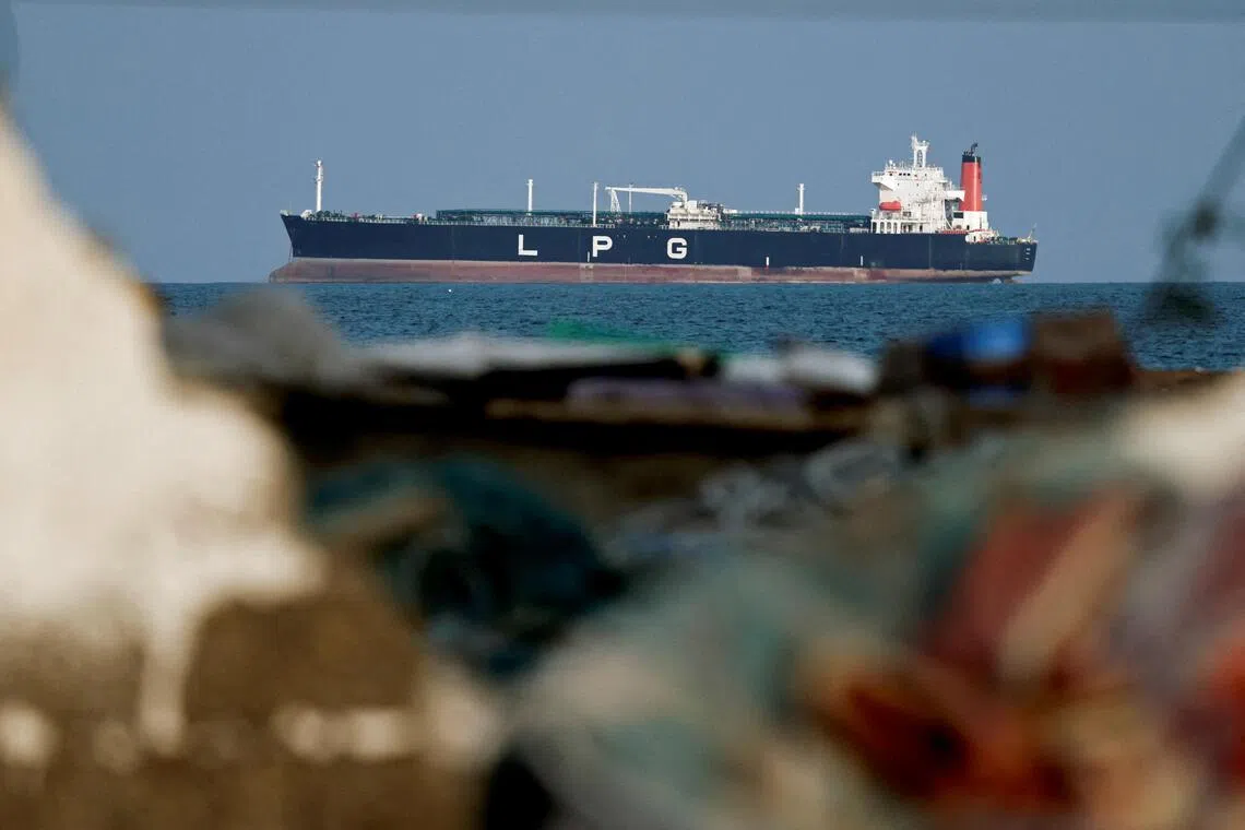 An LPG gas tanker at anchor on March 11 as traffic is down in the Strait of Hormuz.