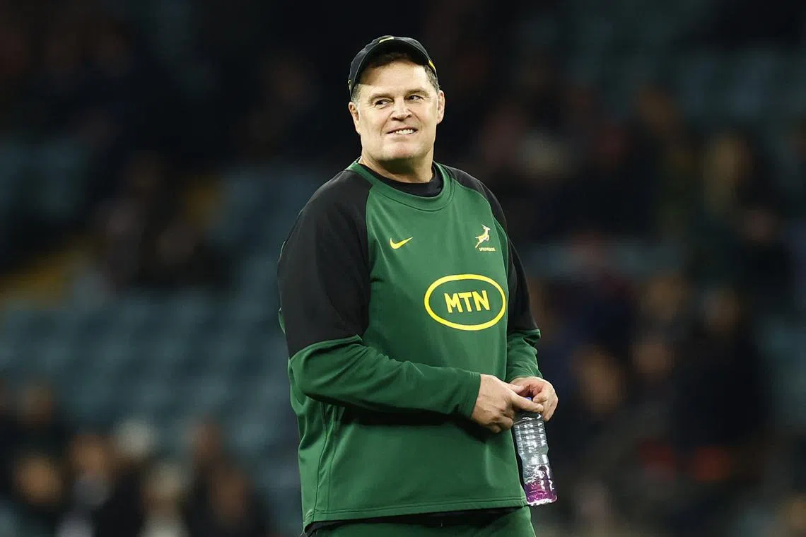 FILE PHOTO: Rugby Union - Autumn Internationals - England v South Africa - Allianz Stadium Twickenham, London, Britain - November 16, 2024 South Africa coach Rassie Erasmus before the match Action Images via Reuters/Peter Cziborra/File Photo