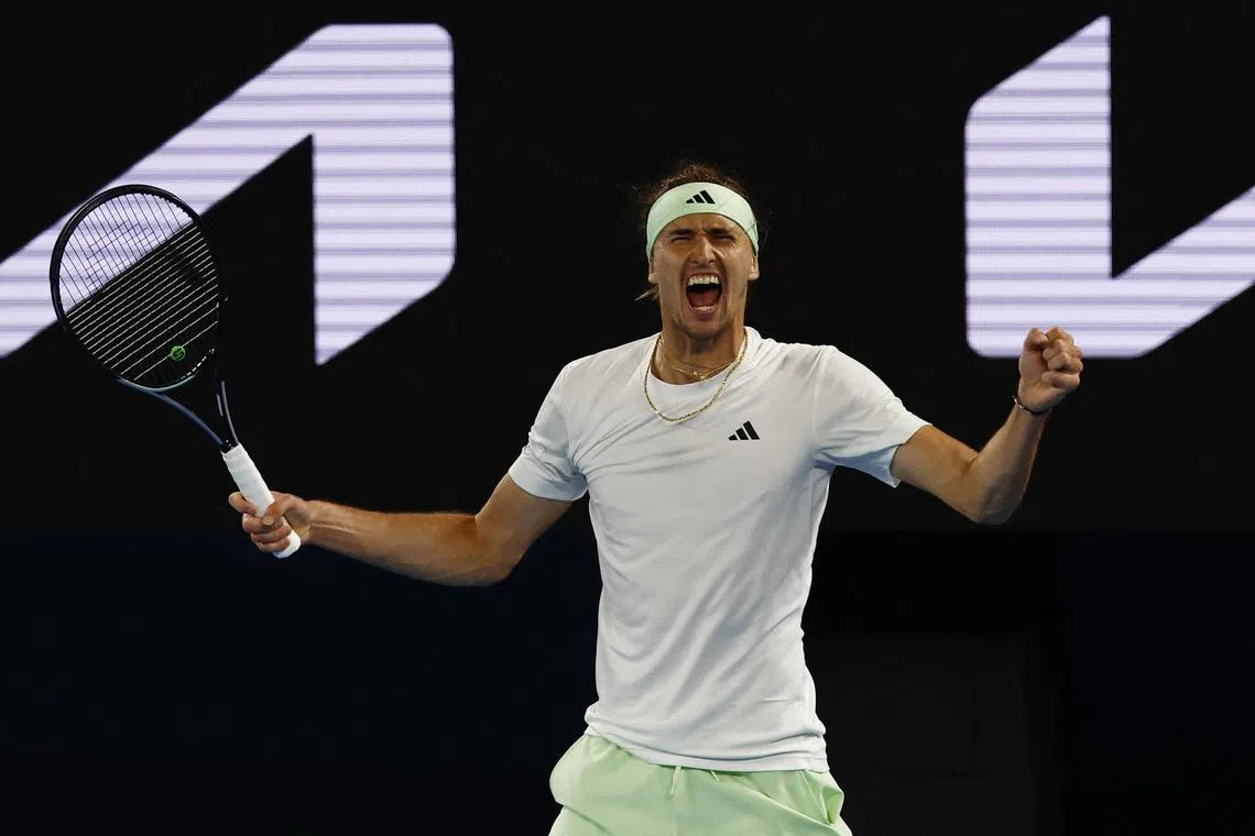 Tennis - Australian Open - Melbourne Park, Melbourne, Australia - January 25, 2024
Germany's Alexander Zverev celebrates after winning his quarter final match against Spain's Carlos Alcaraz REUTERS/Issei Kato