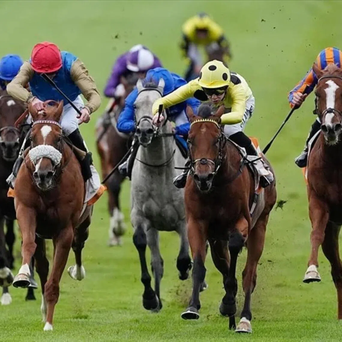 Bow Echo (Billy Loughnane) keeping his unbeaten record intact with a third win in as many starts, in the Group 2 Royal Lodge Stakes (1,600m) at Newmarket in England on Sept 27, 2025.