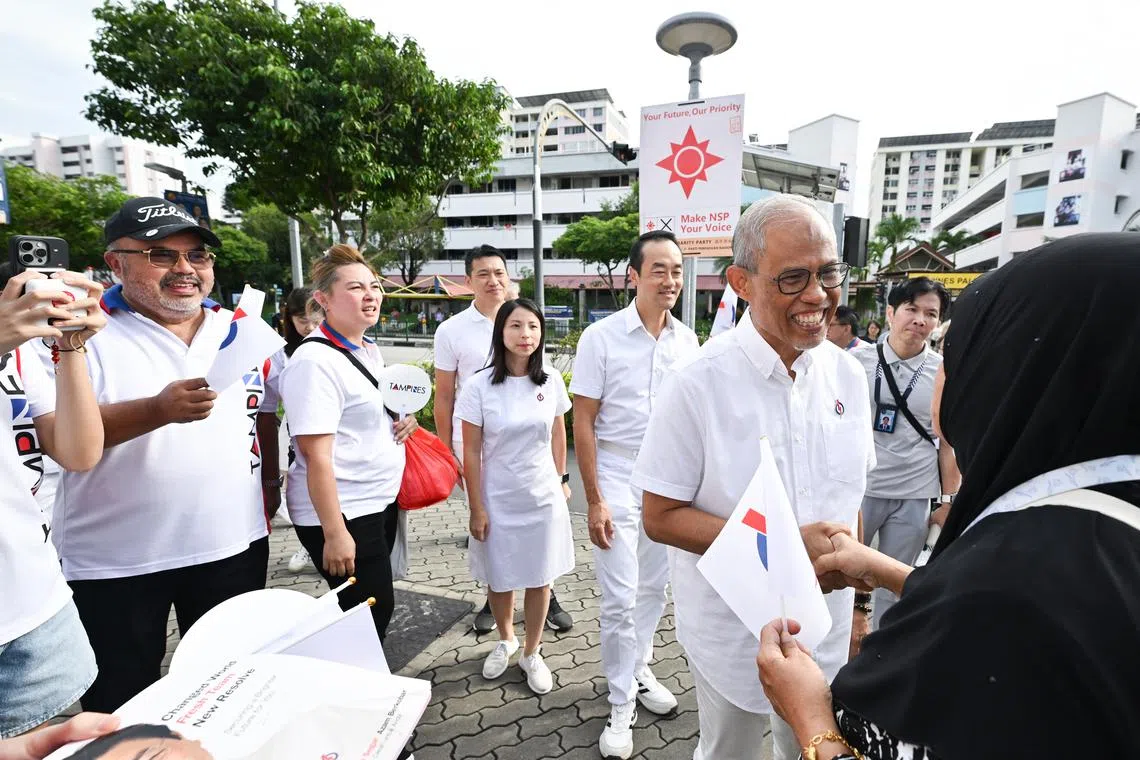 Social and Family Development Minister Masagos Zulkifli (right) and the PAP's Tampines GRC candidates doing their thank you walkabout on May 4.