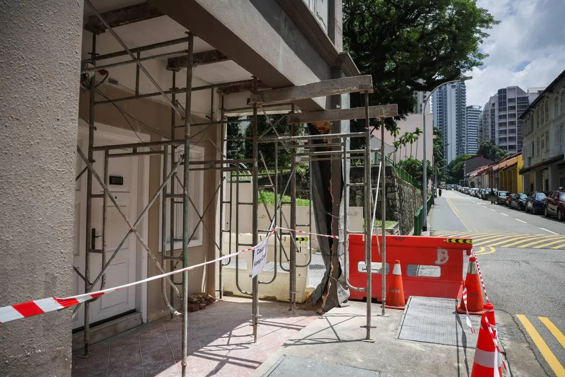 When The Straits Times visited the scene on July 16, scaffolding had been erected around the damaged pillar.