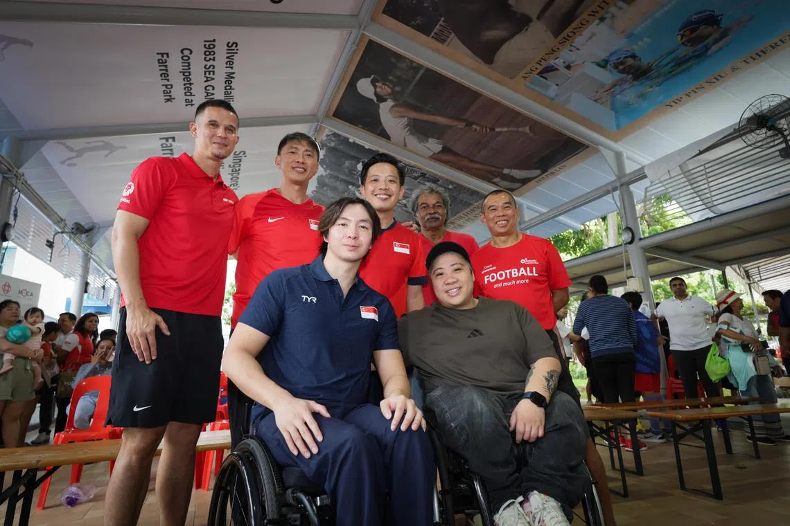 (Standing From left): Baihakki Khaizan (Centre-back for SG National Team); Lim Tong Hai (Centre-back for SG National Team, 1989 to 1999); Mr Alvin Tan, Minister of State, Grassroots Adviser for Tanjong Pagar GRC; Terry Pathmanathan (Defender for SG National Team, 1960s); Steven Tan (Striker for SG National Team, 1990s) and  (front row from left) Paralympian: Toh Wei Soong and Theresa Goh;
in a group photo during the Celebrating Our Farrer Park?s Sporting Heritage in Blk 14, Farrer Park MPH on Jan 4, 2025.