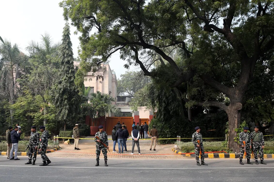 epa11045507 Armed Indian security members stand guard during an investigation near the Embassy of Israel, in New Delhi, India, 27 December 2023, following an explosion. An explosion occurred near the Israeli embassy building in New Delhi on 26 December, from which no casualties were reported, the Israeli Foreign Ministry said in a statement. The Israeli embassy in New Delhi was closed on 27 December as India's anti-terrorist security agency investigated an explosion that took place the previous day.  EPA-EFE/RAJAT GUPTA