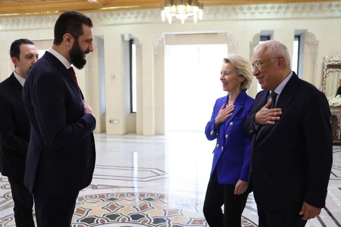 (From left) Syria's interim president, Mr Ahmed al-Sharaa, welcoming European Commission president Ursula von der Leyen  and EU Council president Antonio Costa to Damascus on Jan 9.