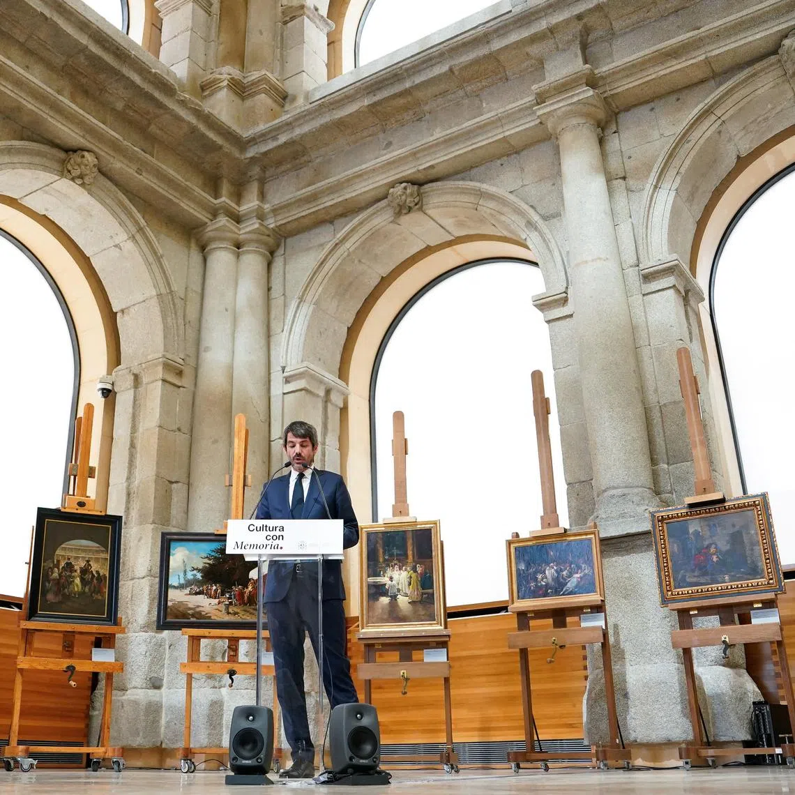 Ernest Urtasun, Minister of Culture, gives a speech during a ceremony held by the Spanish government returning paintings to the family of Pedro Rico, former mayor of Madrid, stolen during the Spanish Civil War, at the Prado Museum in Madrid, Spain, May 22, 2025. REUTERS/Ana Beltran