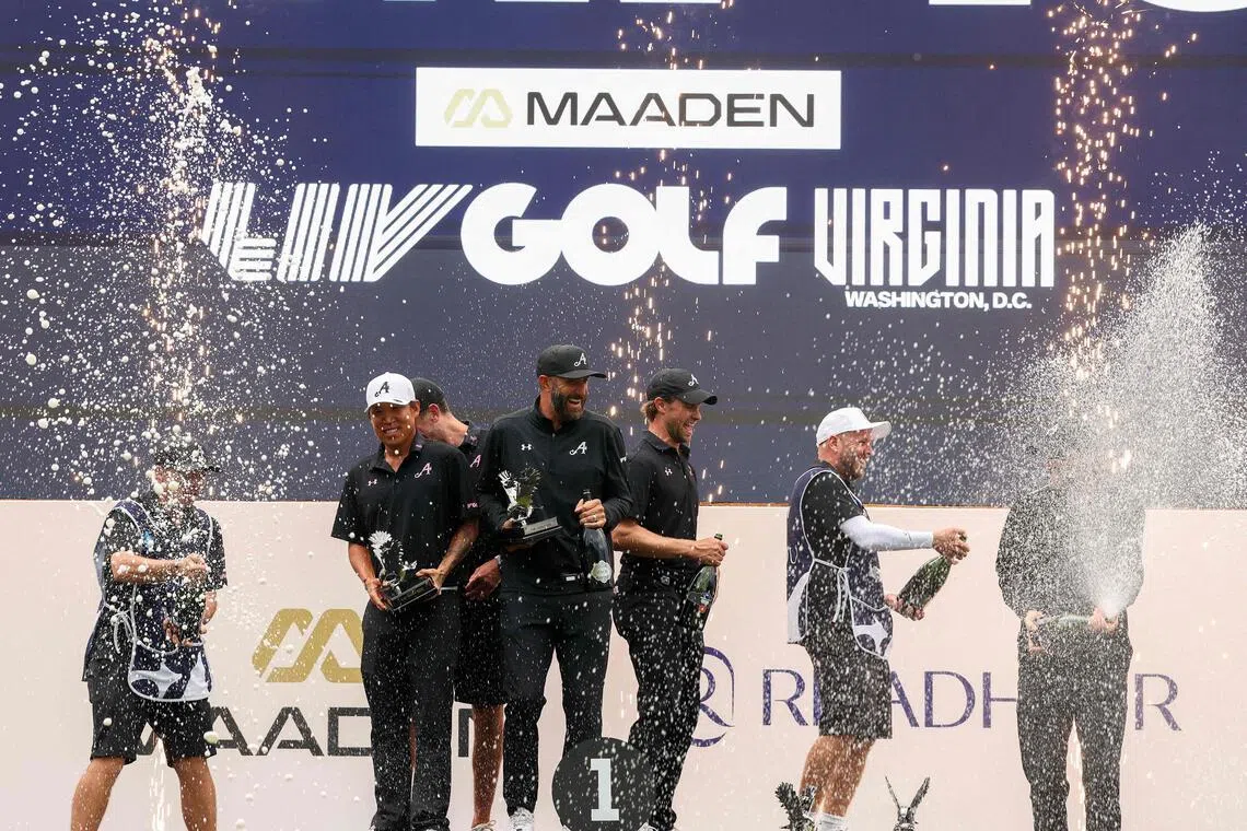 Anthony Kim, Dustin Johnson, Thomas Pieters and Thomas Detry of 4Aces GC during day four of LIV Golf Virginia at Trump National Golf Club on May 10, 2026.