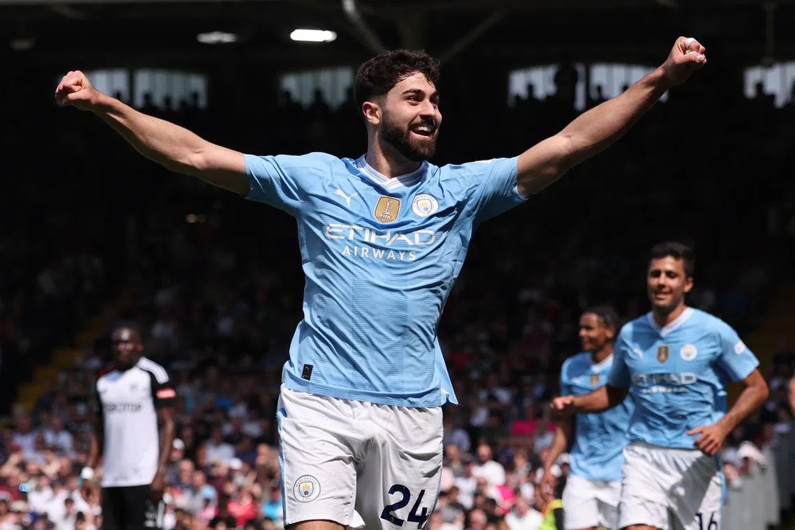 Soccer Football - Premier League - Fulham v Manchester City - Craven Cottage, London, Britain - May 11, 2024 Manchester City's Josko Gvardiol celebrates scoring their third goal REUTERS/David Klein