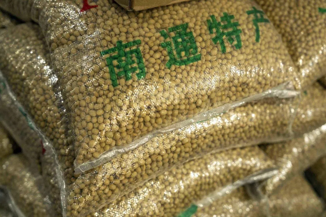 Sacks of soybeans at a wholesale grains market in Shanghai on March 4.
