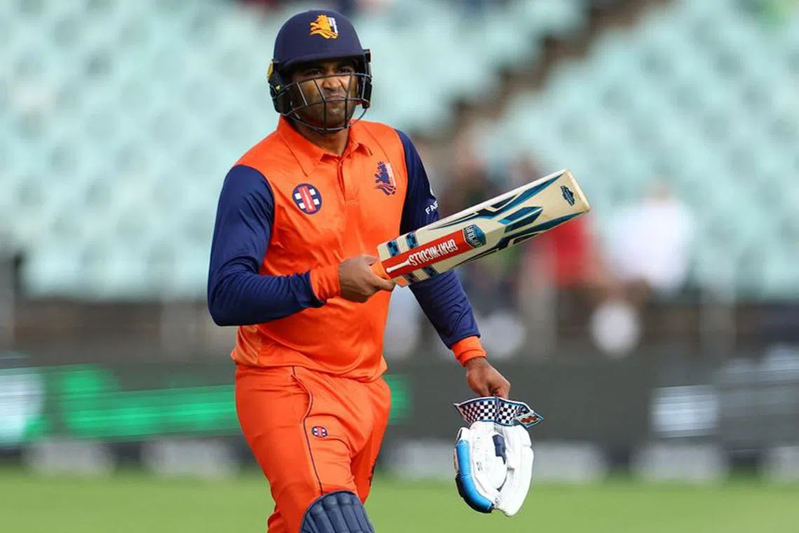 FILE PHOTO:Cricket - South Africa v Netherlands - 2nd One Day International - Willowmoore Park, Benoni, South Africa - March 31, 2023 Netherlands' Teja Nidamanuru walks after losing his wicket REUTERS/Siphiwe Sibeko/ File photo