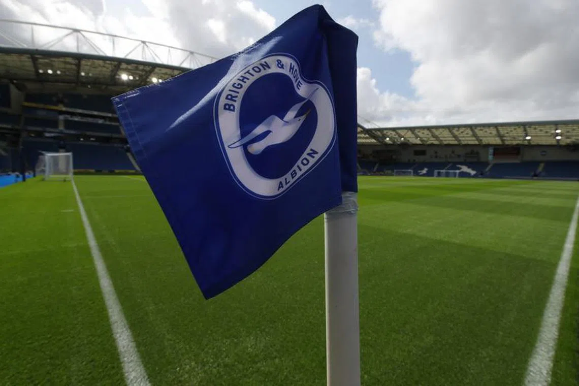 Soccer Football - Premier League - Brighton & Hove Albion v West Ham United - The American Express Community Stadium, Brighton, Britain - August 26, 2023 General view of a corner flag inside the stadium before the match REUTERS/Chris Radburn/file photo