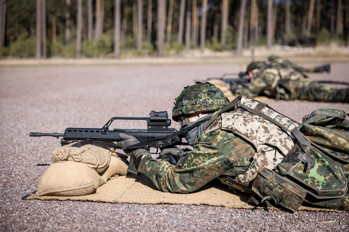 German reservists undergo shooting training at barracks, in Beelitz near Berlin, Germany, March 6, 2025, as NATO looks to boost its strength after Russia's invasion of Ukraine. REUTERS/Nadja Wohlleben/File Photo