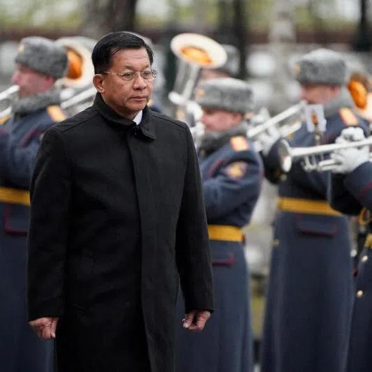 Myanmar's military chief Min Aung Hlaing attending a wreath-laying ceremony at the Tomb of the Unknown Soldier near the Kremlin Wall in Moscow, Russia, on March 4, 2025. 