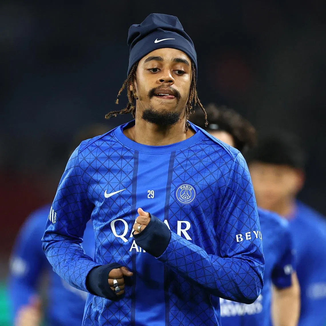 Soccer Football - Ligue 1 - Paris St Germain v AS Monaco - Parc des Princes, Paris, France - March 6, 2026 Paris St Germain's Bradley Barcola during the warm up before the match REUTERS/Abdul Saboor