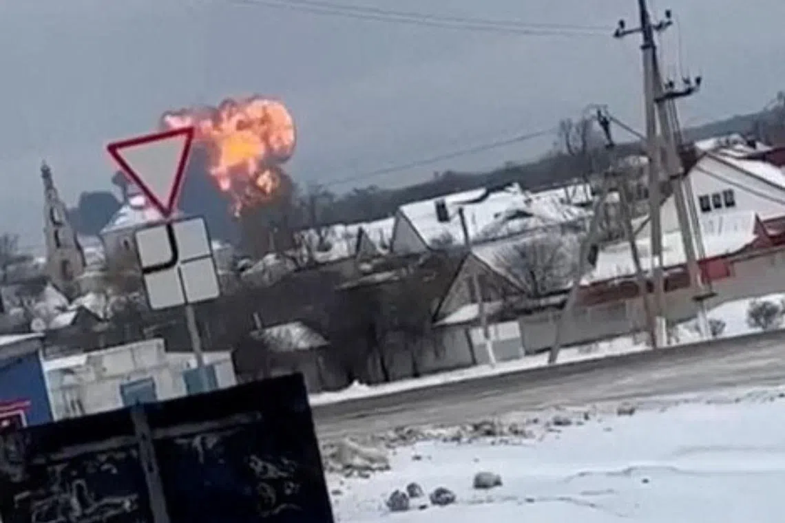 A video posted on a Telegram channel showed a large aircraft falling towards the ground and exploding in a vast fireball.