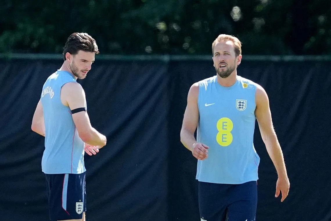 Soccer Football - FIFA World Cup 2026 - England Training - Swope Soccer Village, Kansas City, Missouri, U.S. - June 14, 2026 England's Harry Kane and Declan Rice during training IMAGN IMAGES via Reuters/Denny Medley