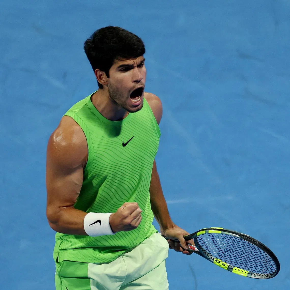 Tennis - Qatar Open - Khalifa International Tennis and Squash Complex, Doha, Qatar - February 20, 2026 Spain's Carlos Alcaraz reacts during his semi final match against Russia's Andrey Rublev REUTERS/Mohammed Salem