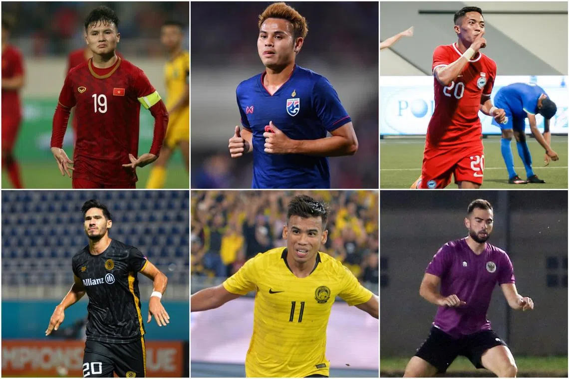 (Clockwise from top left) Vietnam's Nguyen Quang Hai, Thailand's Theerathon Bunmathan, Singapore's Shawal Anuar, Indonesia's Jordi Amat, Malaysia's Safawi Rasid and the Philippines' Mark Hartmann.