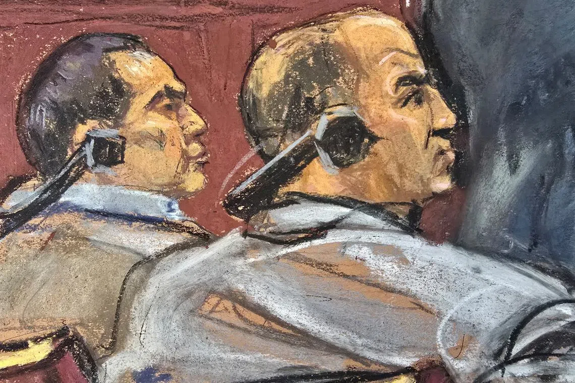 FILE PHOTO: Defendants Polad Omarev and Rafat Amirov watch as Masih Alinejad, a New York-based journalist who left Iran in 2009 and is known for outspoken criticism of the government in Tehran and its treatment of women, reacts during questioning during their trial at a courtroom in New York, U.S., March 10, 2025 in this courtroom sketch. REUTERS/Jane Rosenberg/File Photo