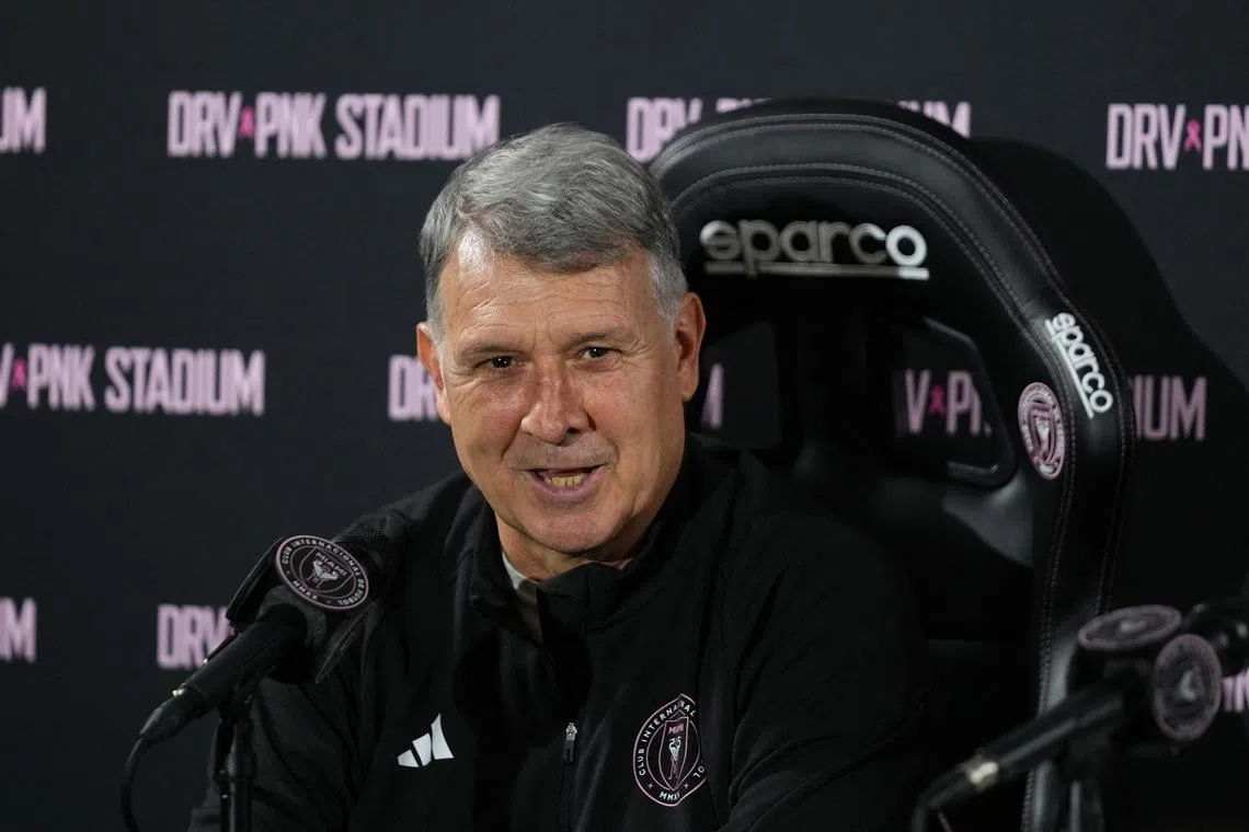 FILE PHOTO: Jun 29, 2023; Miami, FL, USA; Inter Miami CF manager Gerardo “Tata” Martino speaks at a press conference at DRV PNK Stadium. Mandatory Credit: Rich Storry-USA TODAY Sports/File Photo