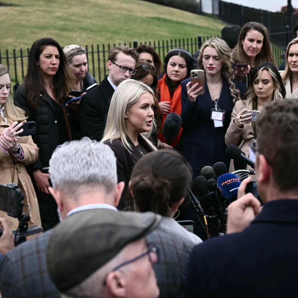 White House press secretary Karoline Leavitt speaking to reporters outside the White House on March 6.